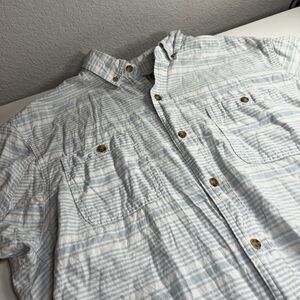 Duluth Trading Shirt Mens Hemp Blend Button Down L Short Sleeve white blue